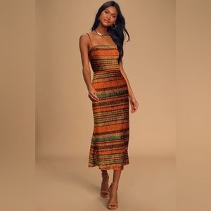 Lulus After Dawn Brown Multi Striped Velvet Sleeveless Midi Dress // Size Small